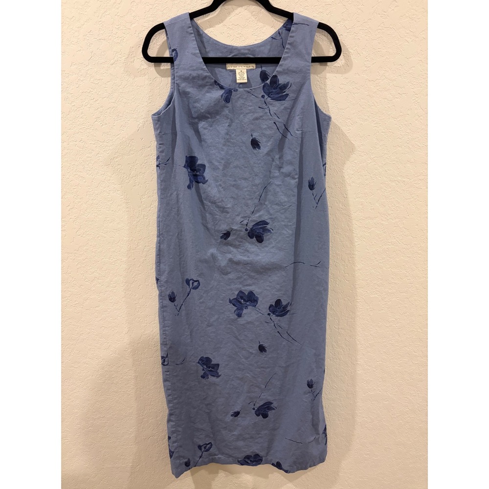 Norton McNaughton Vintage Linen Cotton Floral Midi Dress Blue Sleeveless Small
